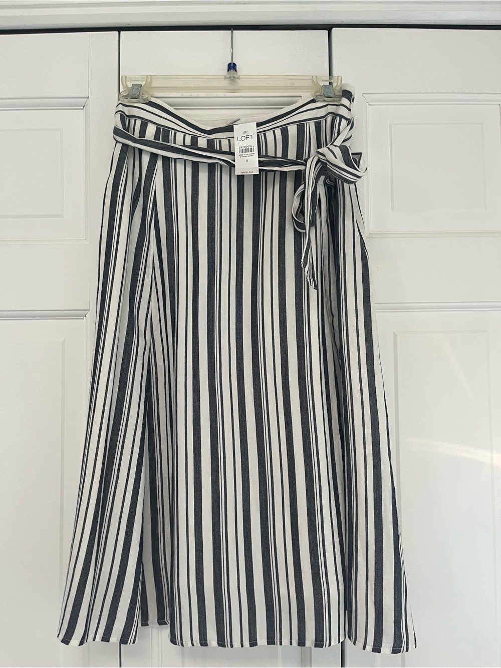 NWT LOFT Striped Wrap Midi Skirt Size 8 Black White Tie Waist